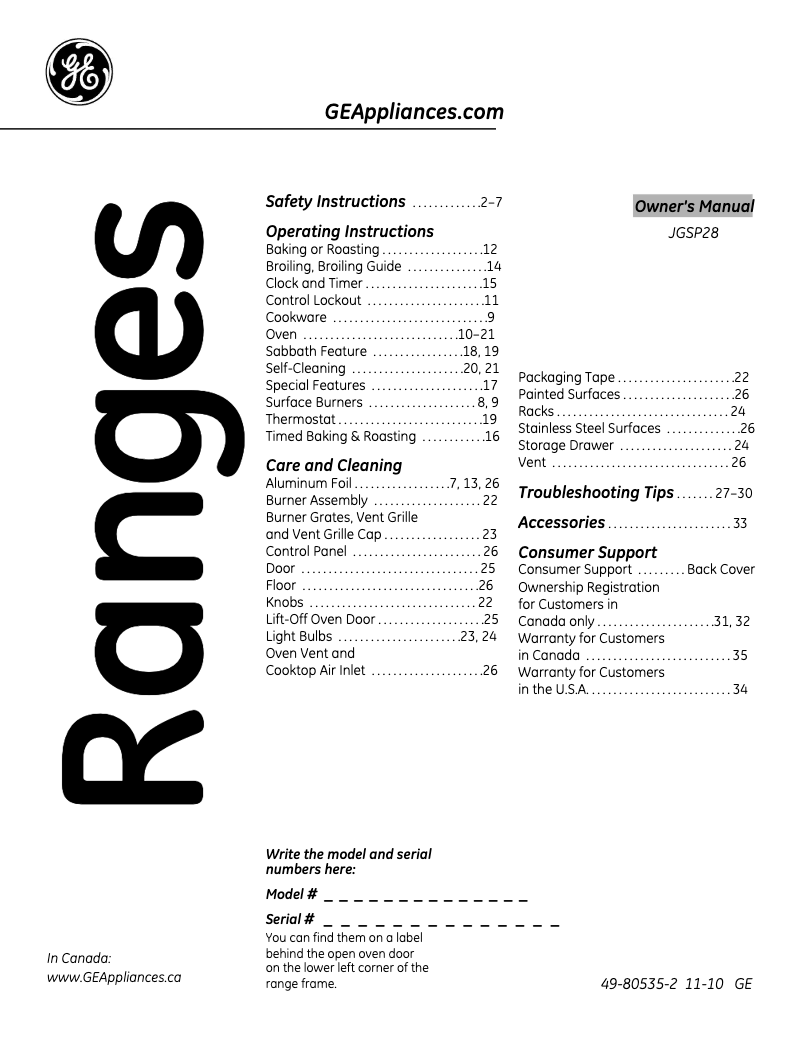 Page n°1 - Manuel d'utilisation et d'entretien GE JGSP28DENCC