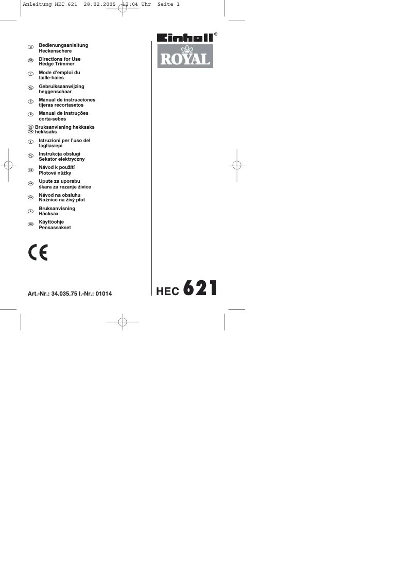 Page 1 de la notice Manuel utilisateur Einhell Royal HEC 621