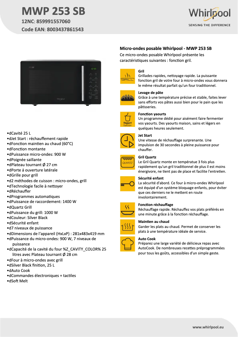 Page 1 de la notice Fiche technique Whirlpool MWP 253 SB