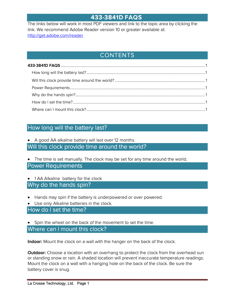 Page 1 de la notice FAQ La Crosse Technology 433-3841D