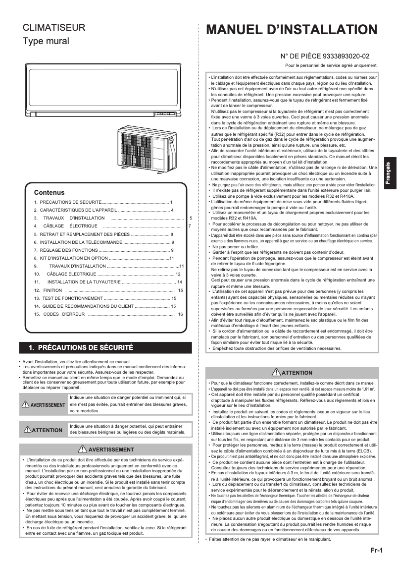 Page 1 de la notice Manuel utilisateur Fujitsu ASEG12KPCE