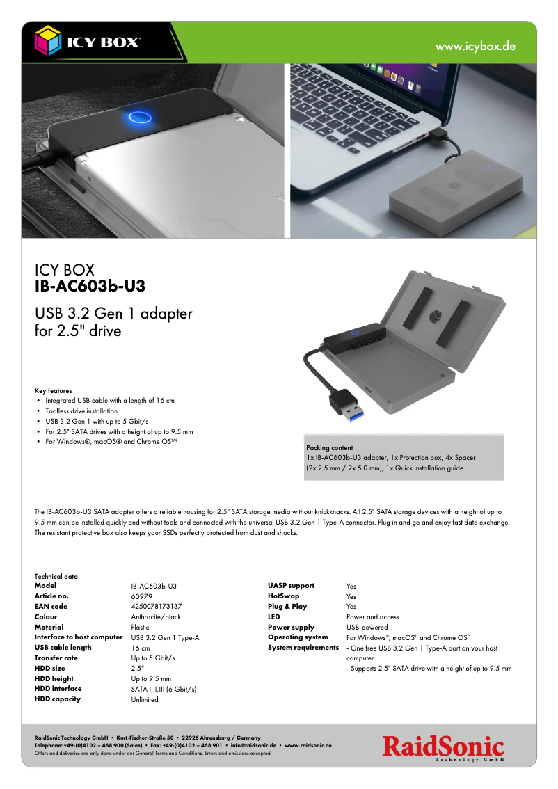 Página 1 del manual Ficha técnica Icy Box IB-AC603b-U3