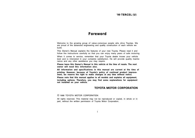 Page 1 de la notice Manuel utilisateur Toyota Tercel (1999)