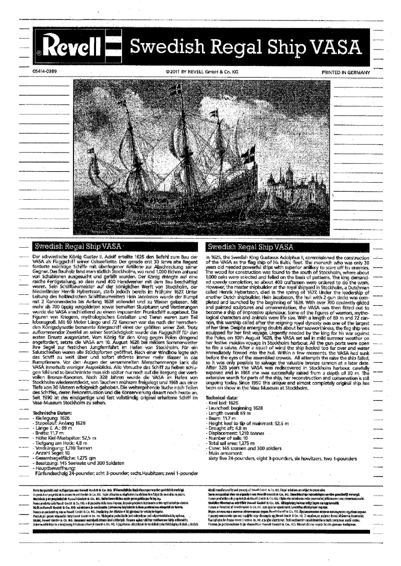 Image de la première page du manuel de l'appareil Royal Swedish Warship VASA