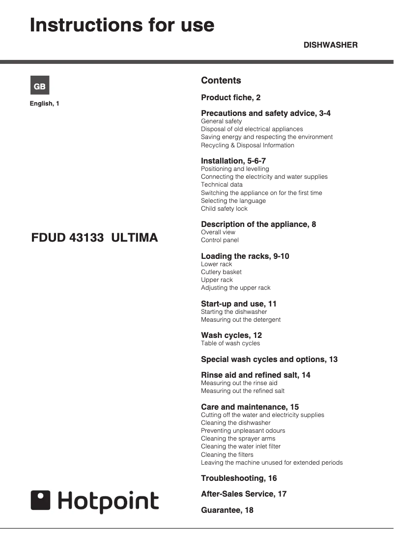 Page 1 de la notice Manuel utilisateur Hotpoint FDUD 43133 X Ultima