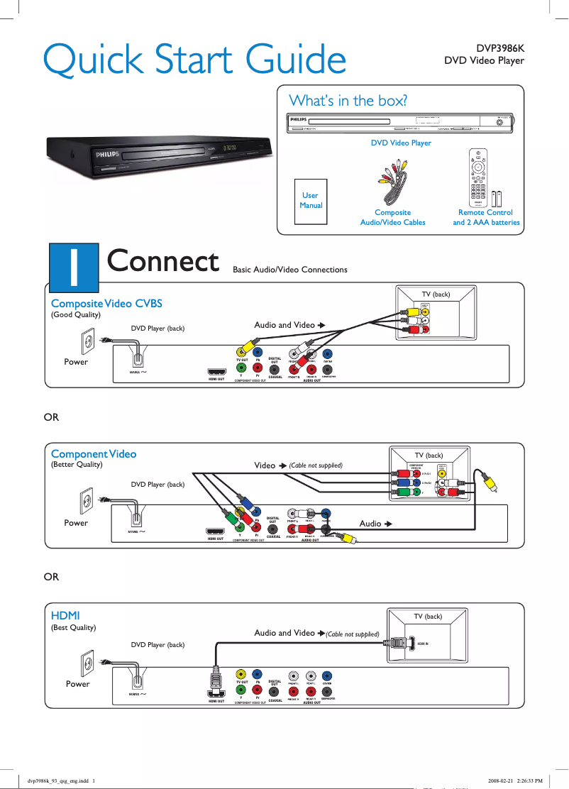 Page n°1 - Guide de démarrage rapide Philips DVP3986K