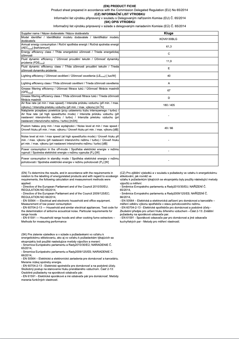 Page 1 de la notice Fiche technique Kluge KOV6130BLG