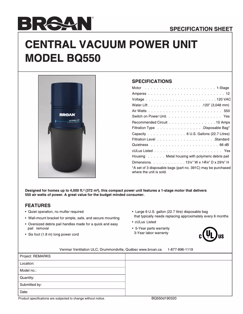 Page n°1 - Guide d'installation Broan BQ550