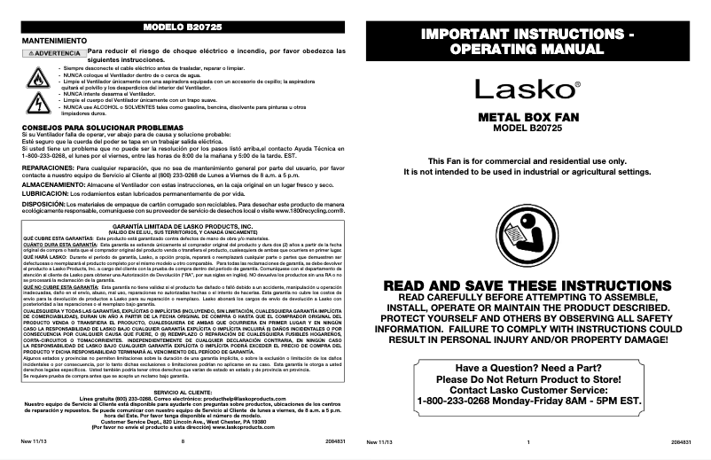 Page 1 de la notice Manuel utilisateur Lasko B20725