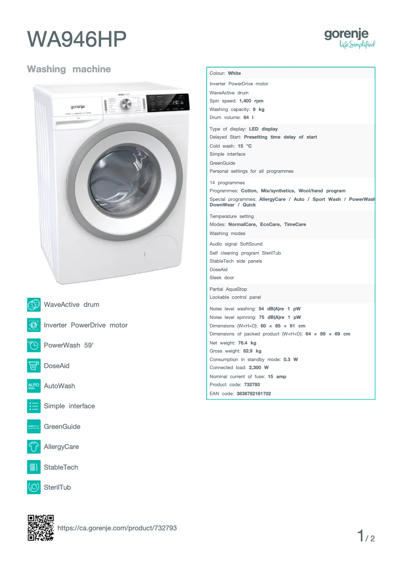 Image de la première page du manuel de l'appareil WA946HP