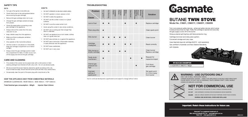 Page 1 de la notice Manuel utilisateur Gasmate Butane CS6095