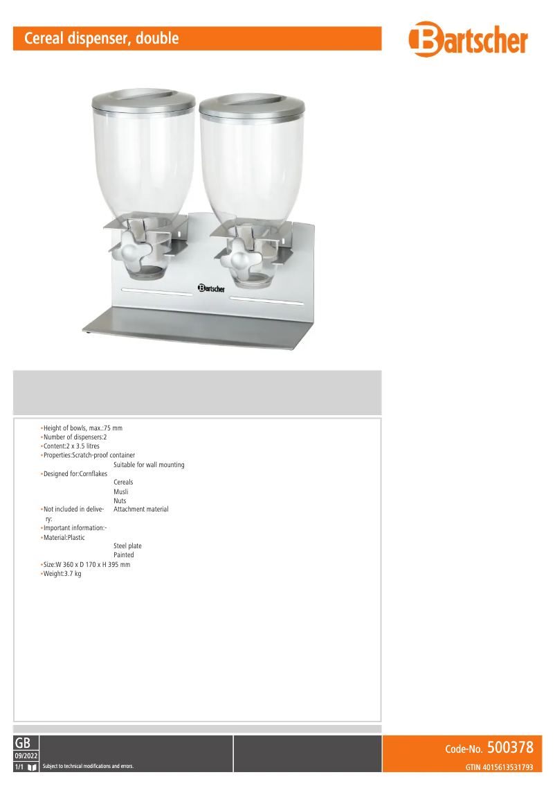 Page n°1 - Fiche technique Bartscher 500378