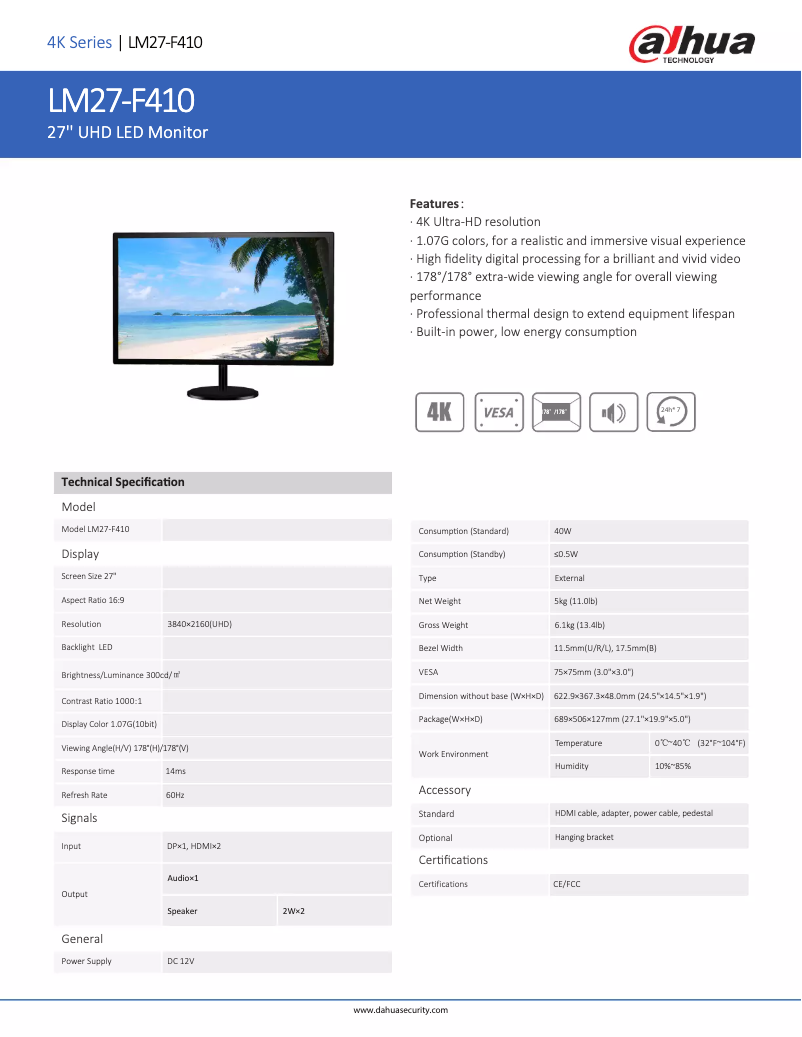 Page n°1 - Fiche technique Dahua Technology LM27-F410