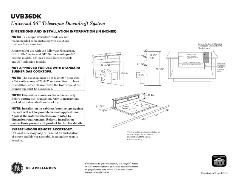 Page 1 de la notice Fiche technique GE UVB36DKBB