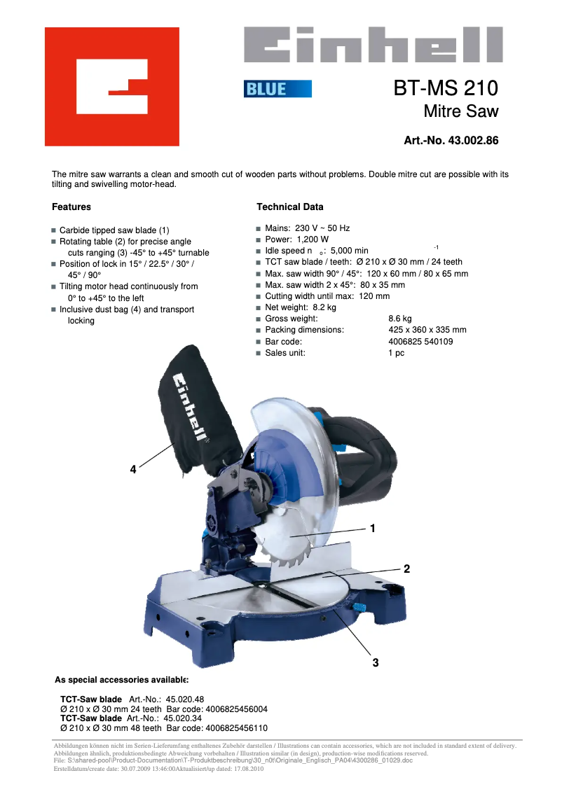 Page 1 de la notice Fiche technique Einhell BT-MS 210