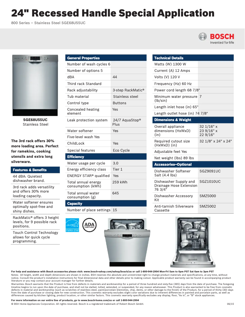 Página 1 del manual Ficha técnica Bosch SGE68U55U