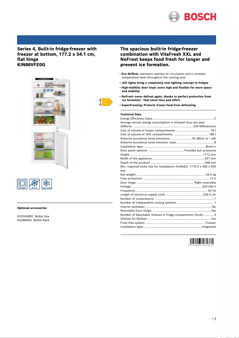 Page n°1 - Fiche technique Bosch Serie 4 KIN86VFE0G