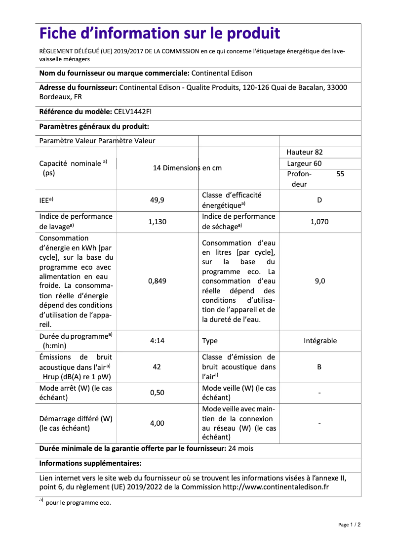 Page n°1 - Label énergétique Continental Edison CELV1442FI