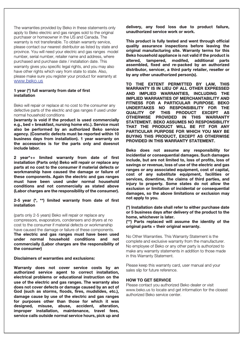 Page 1 de la notice Informations de garantie Beko SLER30420SS