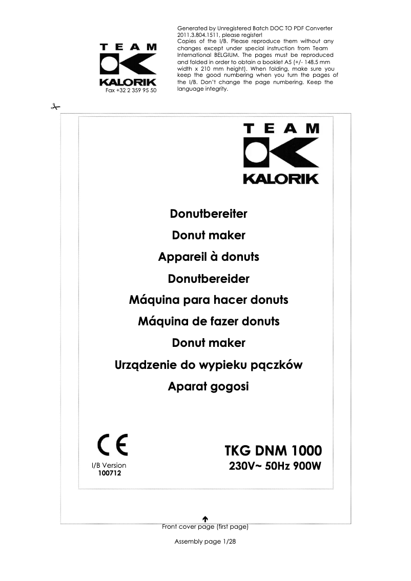 Page 1 de la notice Manuel utilisateur Kalorik TKG DNM 1000