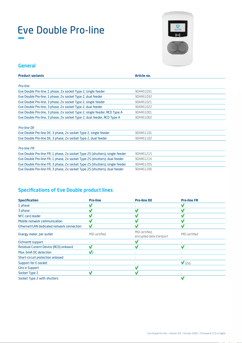Page 1 de la notice Fiche technique Alfen Eve Double Pro-line