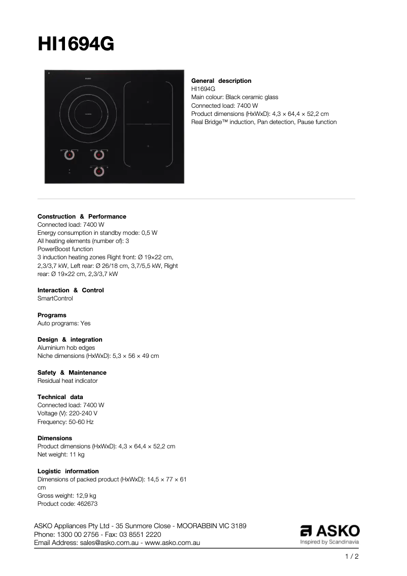 Page n°1 - Fiche technique Asko HI1694G