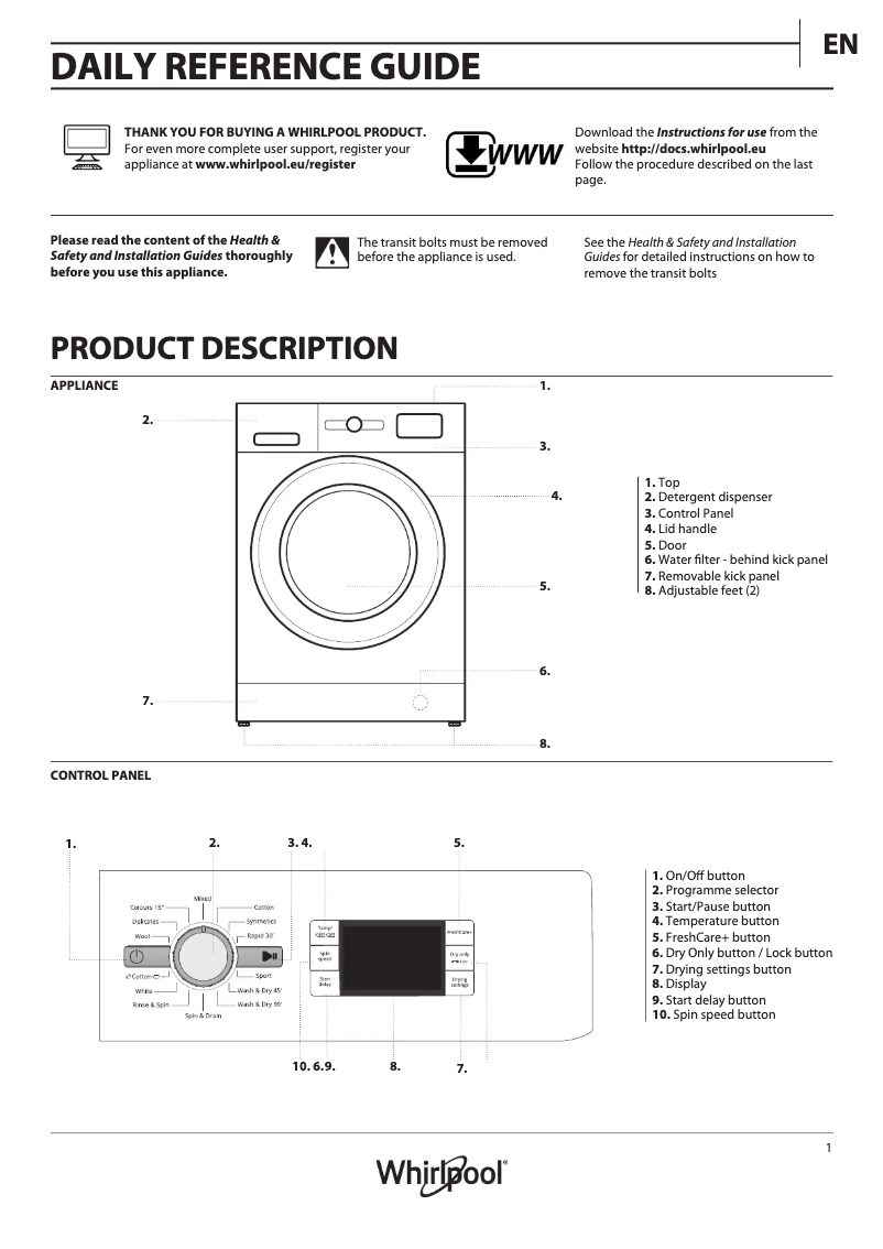 Page n°1 - Mode d'emploi Whirlpool FWDG86148W EU