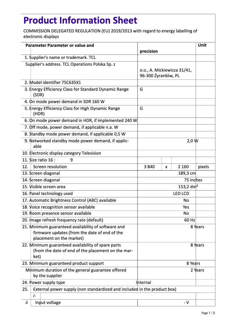Page 1 de la notice Fiche technique TCL 75C635