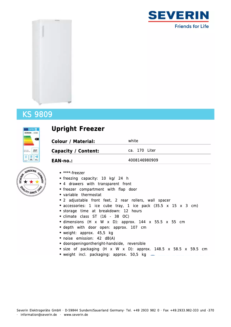 Page 1 de la notice Fiche technique Severin KS 9809