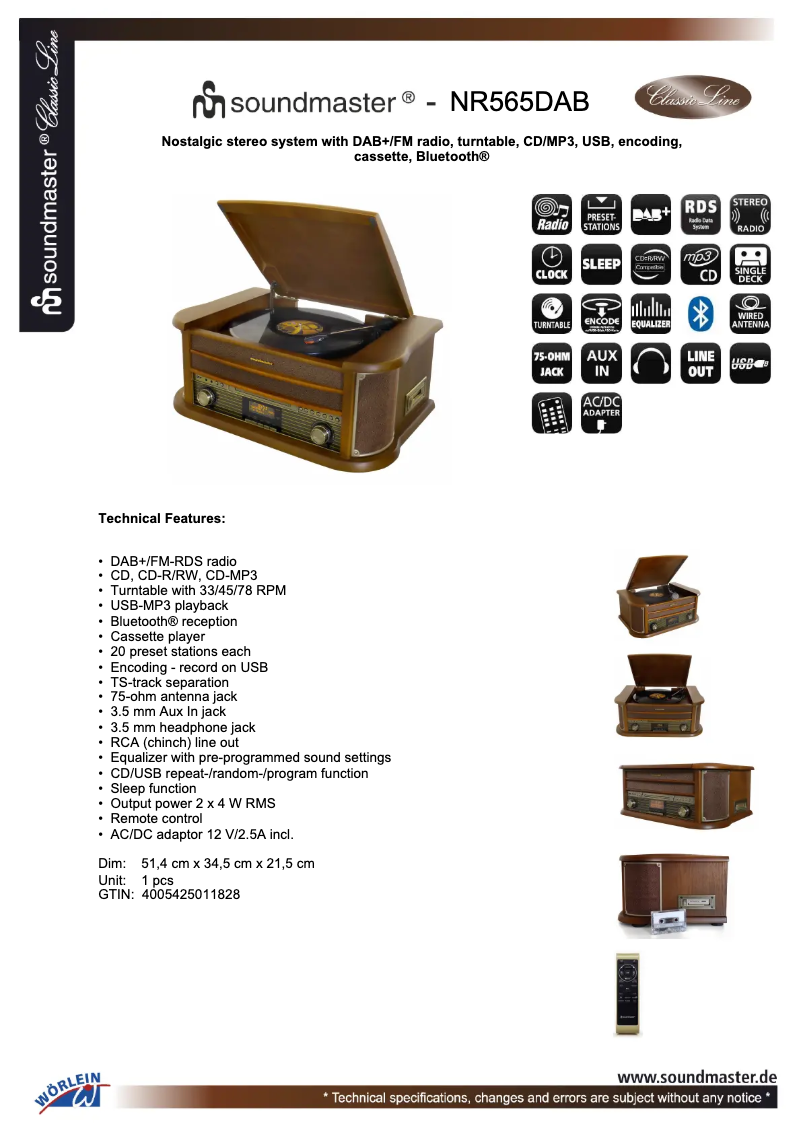 Page 1 de la notice Fiche technique Soundmaster NR565