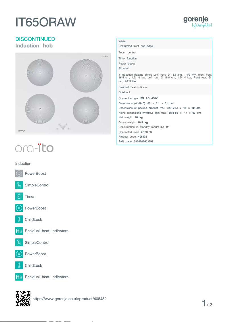 Page n°1 - Fiche technique Gorenje IT65ORAW
