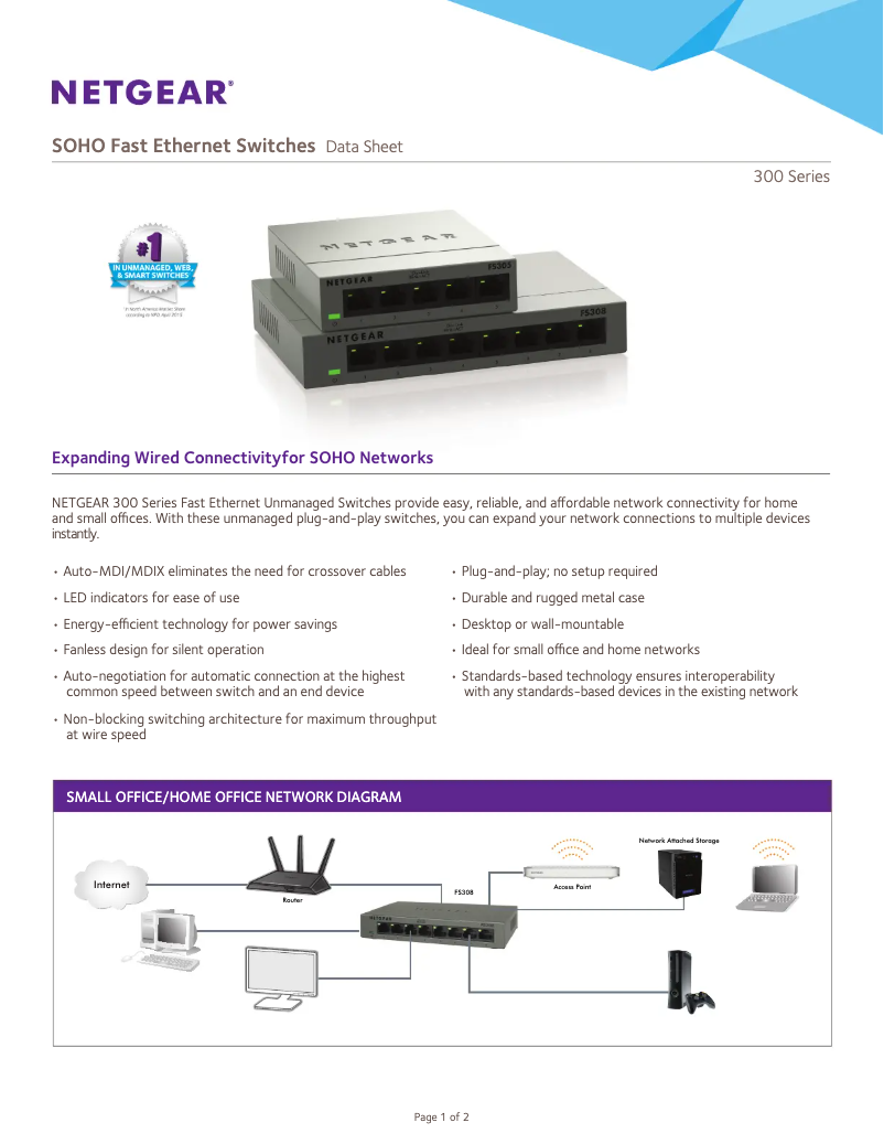 Page 1 de la notice Fiche technique Netgear FS305v2