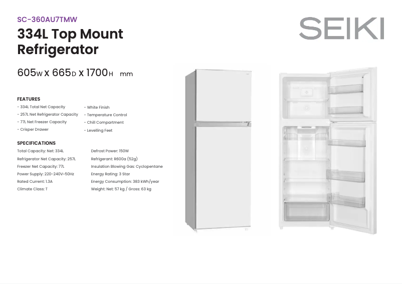 Page 1 de la notice Fiche technique Seiki SC-360AU7TMW