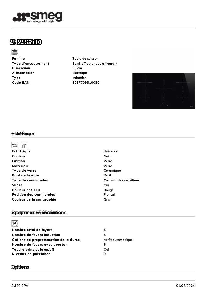 Page n°1 - Fiche technique Smeg SI2951D