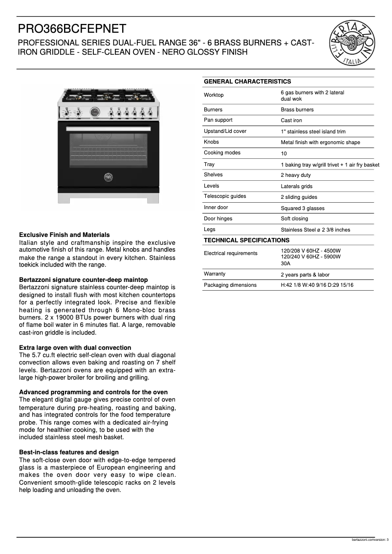 Page 1 de la notice Fiche technique Bertazzoni PRO366BCFEPNET
