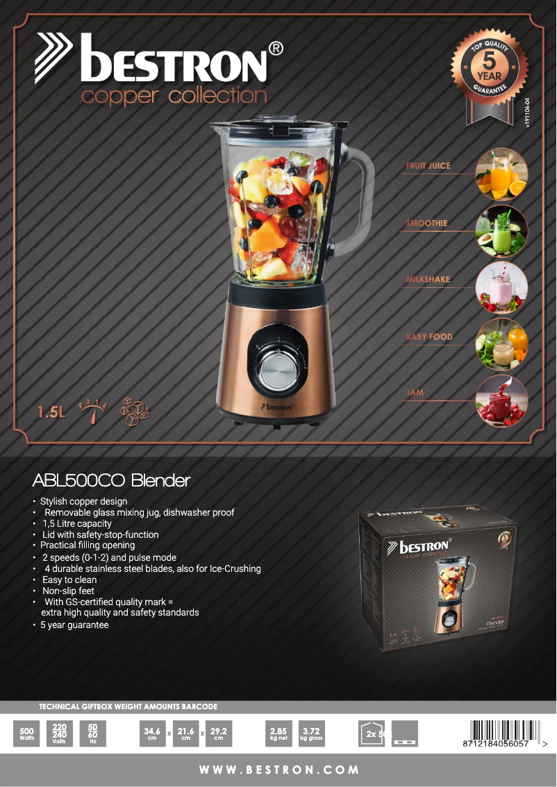 Page n°1 - Fiche technique Bestron ABL500CO