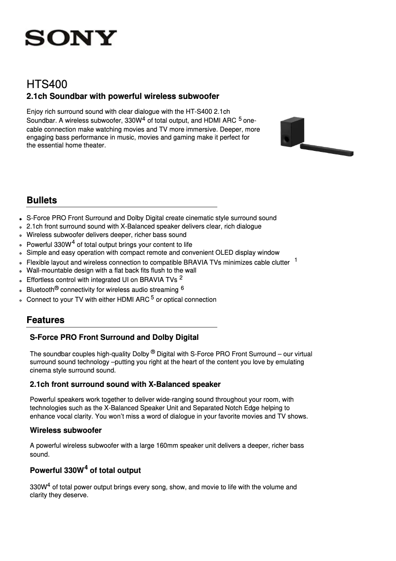 Página 1 del manual Ficha técnica Sony HT-S400