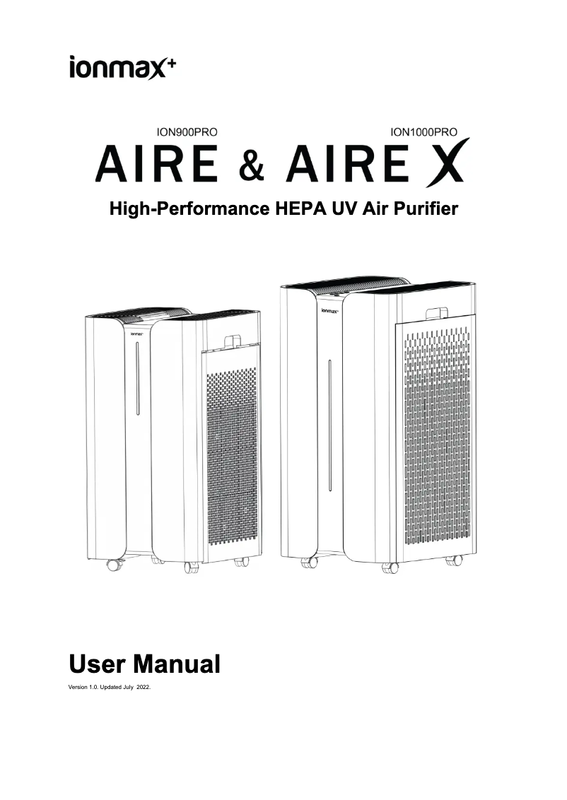 Page 1 de la notice Manuel utilisateur Ionmax Aire X ION1000PRO