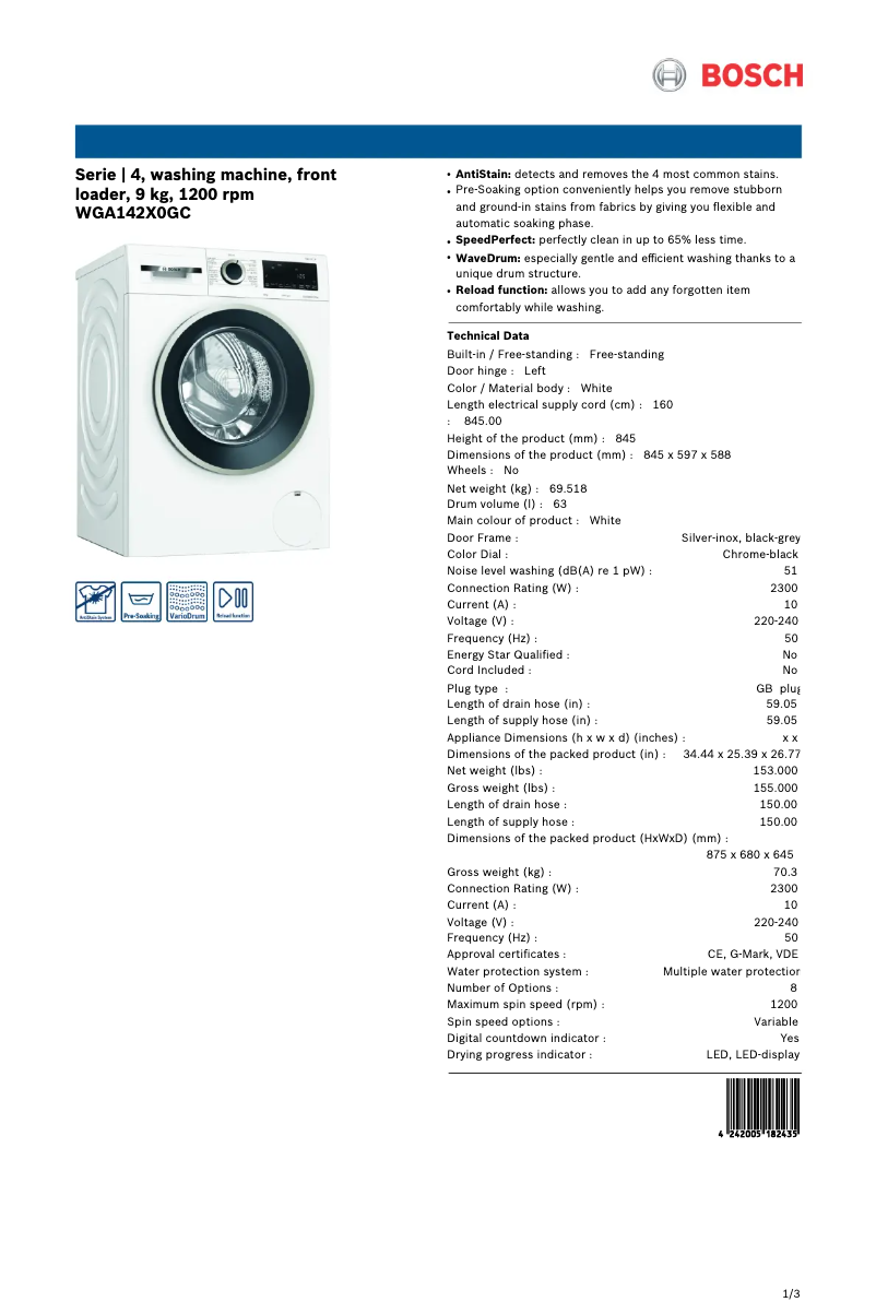 Image de la première page du manuel de l'appareil WGA142X0GC