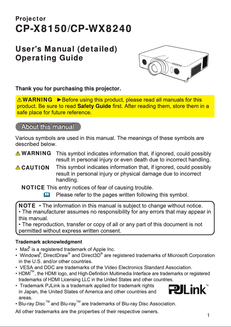 Page 1 de la notice Manuel utilisateur Hitachi CP-WU8460