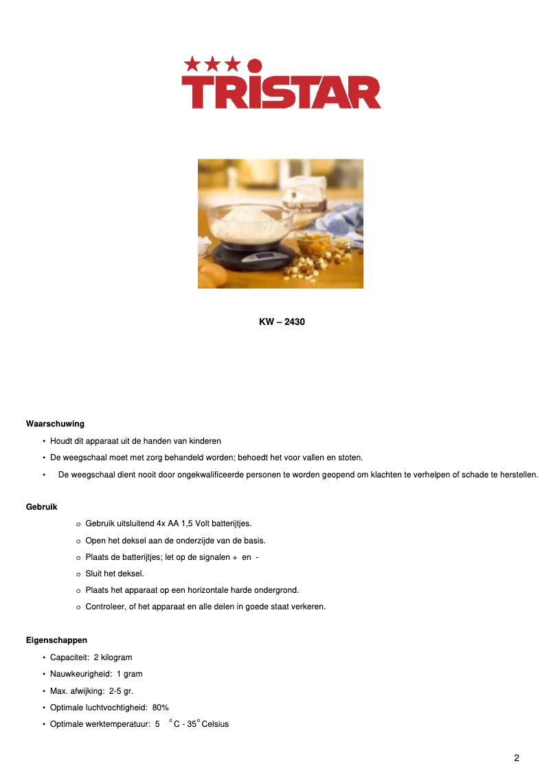 Page 1 de la notice Manuel utilisateur TriStar KW-2430