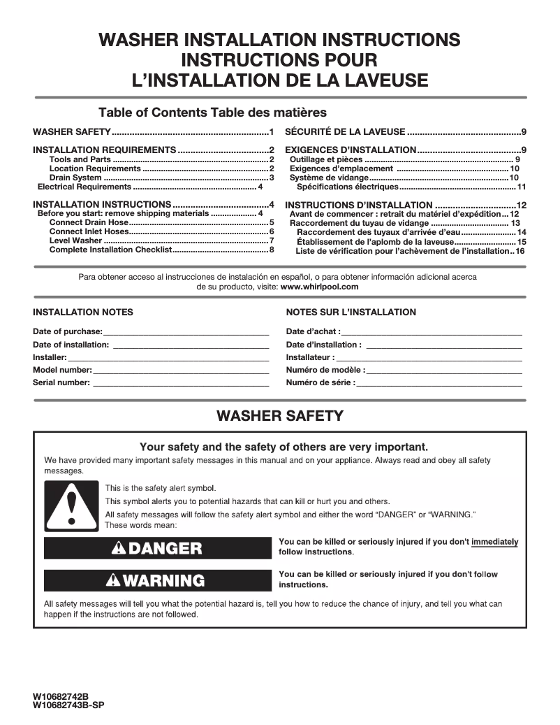 Página 1 del manual Guía de instalación Maytag MVWB835DW