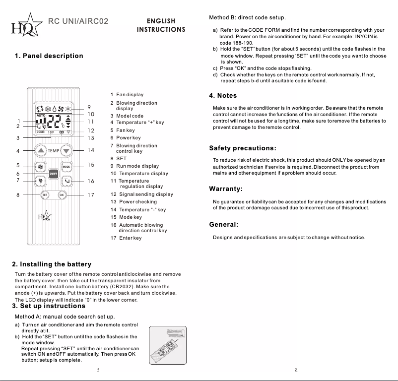 Page 1 de la notice Manuel utilisateur HQ RC UNI/AIRCO2