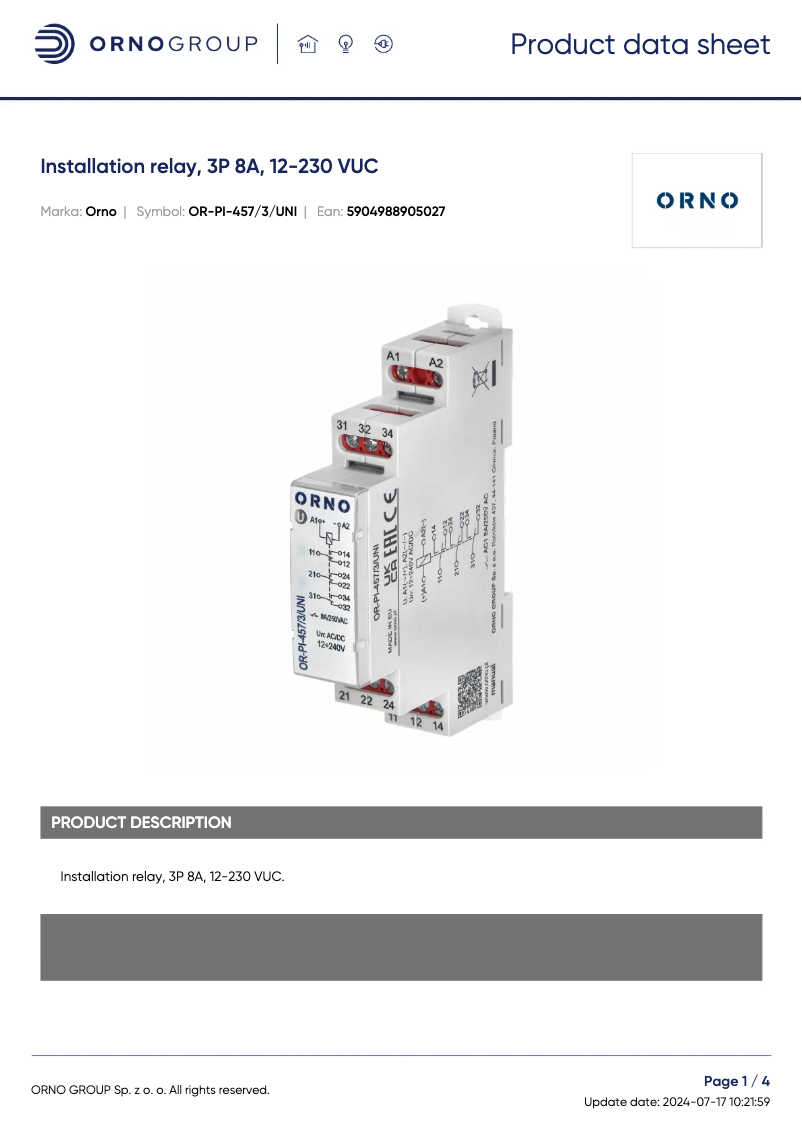 Page 1 de la notice Fiche technique ORNO OR-PI-457