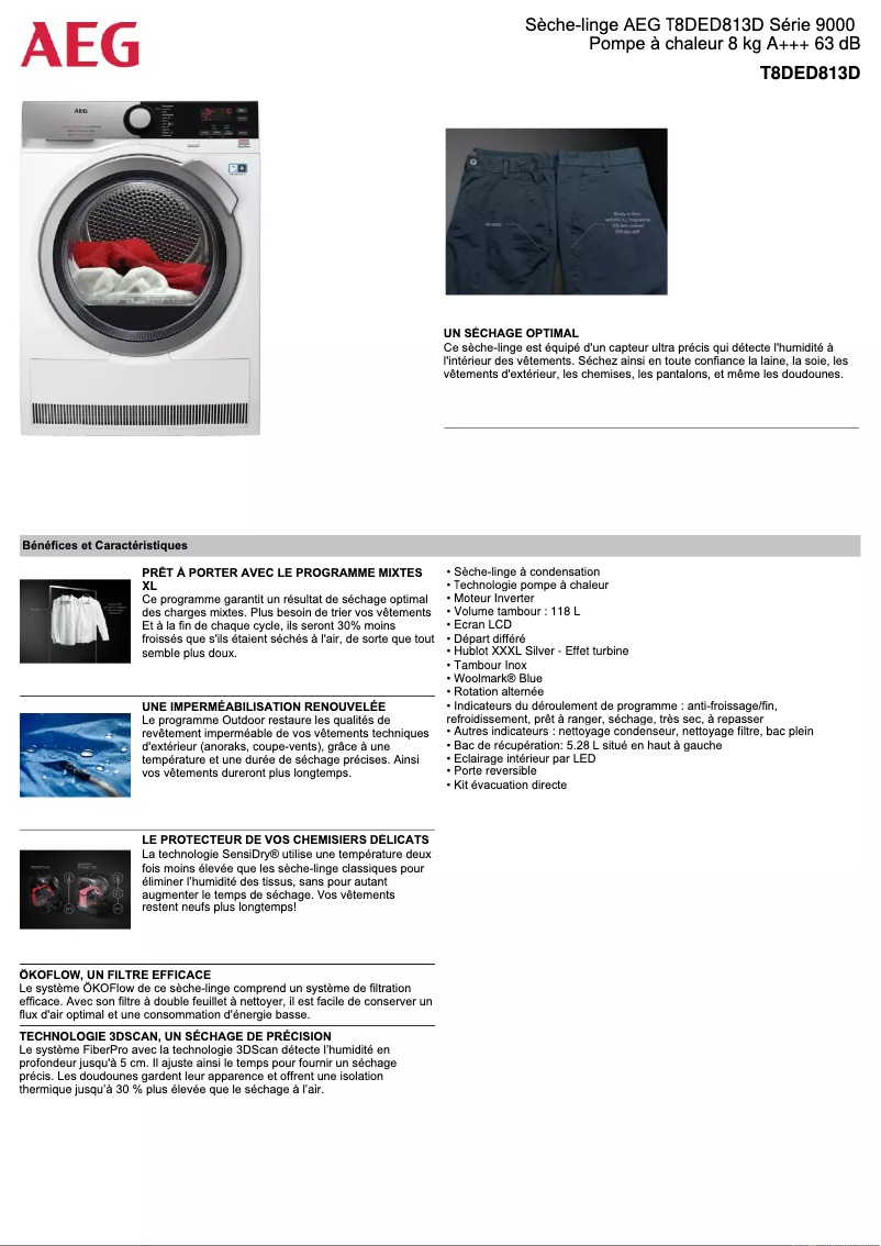 Page n°1 - Fiche technique AEG T8DED813D