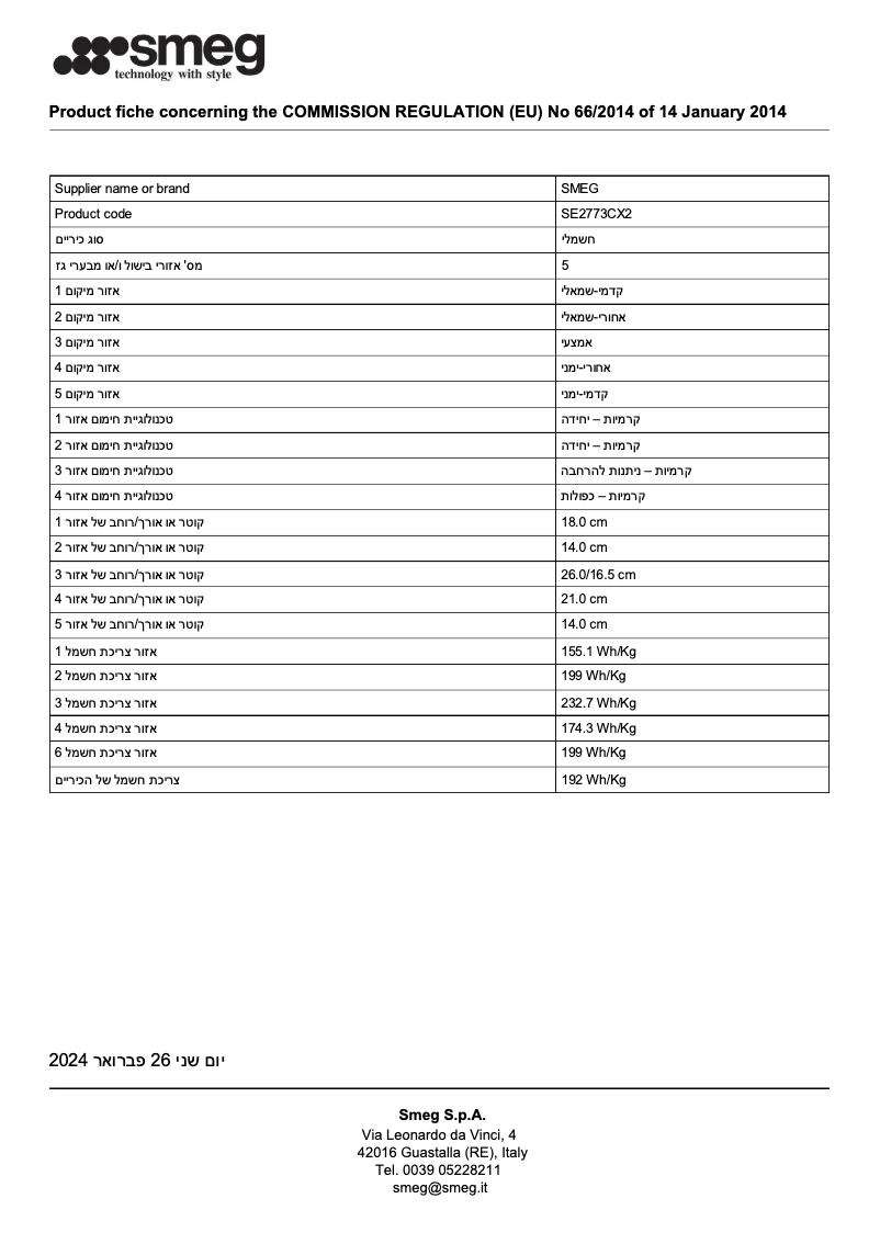 Page 1 de la notice Fiche technique Smeg SE2773CX2