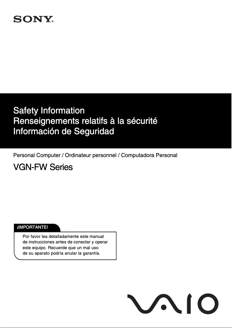 Page 1 de la notice Instructions de sécurité Sony Vaio VGN-FW490J