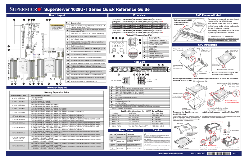 Page 1 de la notice Guide de démarrage rapide Supermicro SuperServer 1029U-TR25M