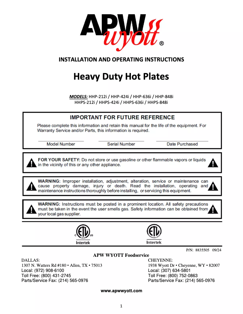 Page 1 de la notice Manuel utilisateur APW Wyott HHP-212I