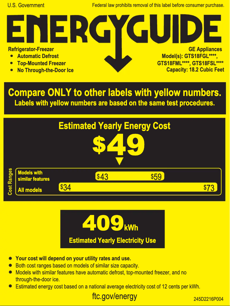 Page 1 de la notice Label énergétique GE GTS18FGLBB